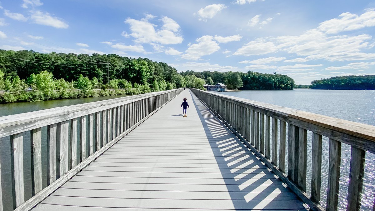 A wooden boardwalk stretching across a calm lake under a blue sky
